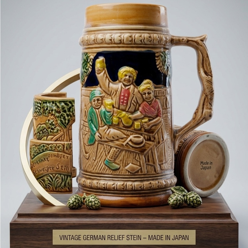 Vintage Beer Stein Made in Japan Relief Tavern Scene German Motto Mug 7x4x3”